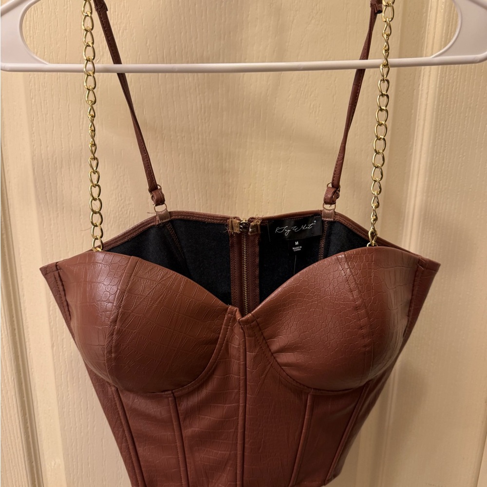 Brown Faux Leather Bustier Top & Skirt